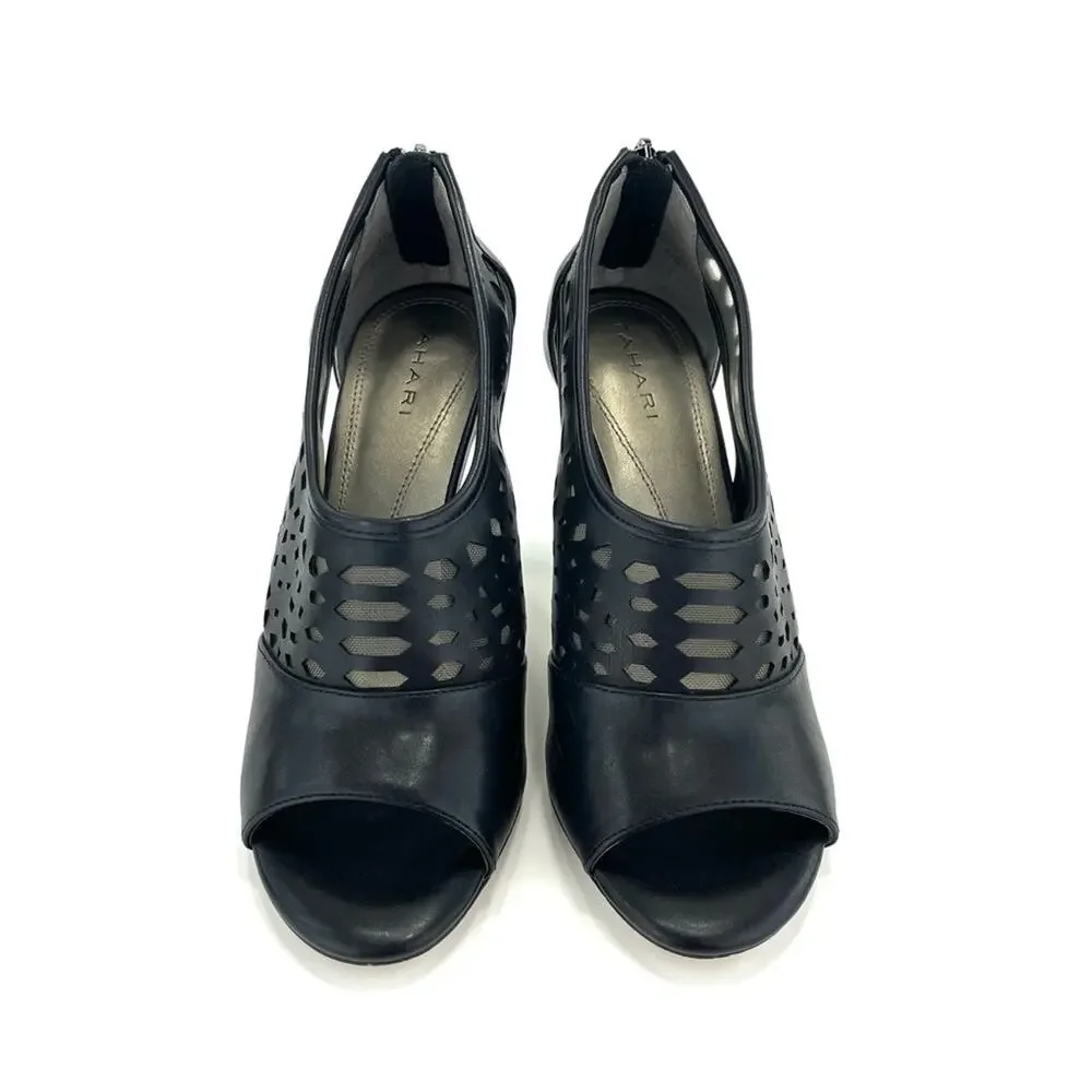 Tahari Lilith Black Stiletto Heels Sz 8.5 Open Toe Leather Laser Cut-Out Accent